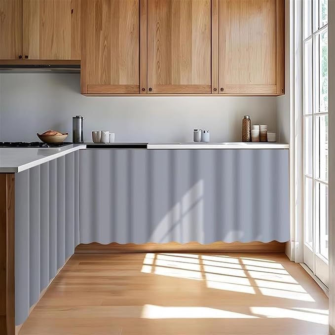 Under Sink Curtain for Closet, Privacy Short Cabinet Curtain Self Stick Adhesive Desk Skirt for Kitchen Classroom, Grey Blue, 39" W x 28" L