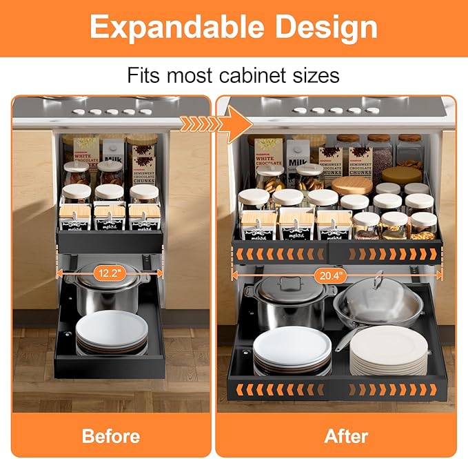 YJHome 1 Pack Pull Out Cabinet Organizer, No Drill Expandable Width 12"-20" & 21" Depth, Adhesive or Screw-In Installation, Magnetic Divider for Custom Storage, for Kitchen Pantry Bathroom Cabinet