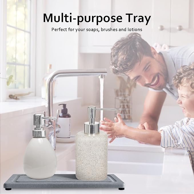 2 PCS Water Absorbing Stone Trays for Bathroom Sink & Kitchen Counter, Fast-Drying Diatomite Sink Coasters, Vanity Tray, Hand Soap Holder with Anti-Skid Pads (9.5" x 4.7" Gray)
