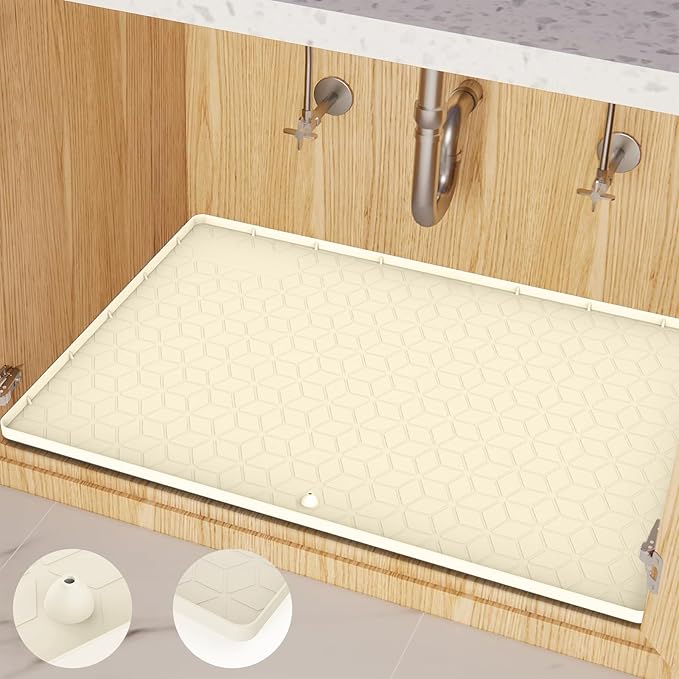 Under Sink Mat for Kitchen, Silicone Waterproof Liner, Flexible Organizer Tray with Drain Hole, 3.6 Gallons Capacity, Easy to Clean