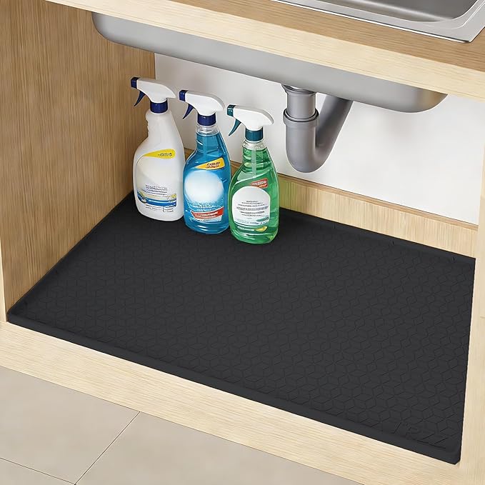 TRZZ Silicone Waterproof Under Sink Mat 22" x 19", Drip Tray and Cabinet Liner for Kitchen and Bathroom, Prevents Water Damage and Organizes Cabinets (Black)