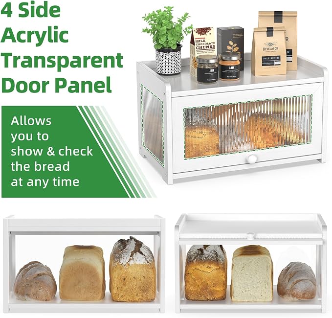 BAMBANG Bamboo Bread Box for Kitchen Countertop, Extra Large Farmhouse Bread Box with 4-Side Clear Panels, Wooden Bread Storage Container for Homemade Bread, White