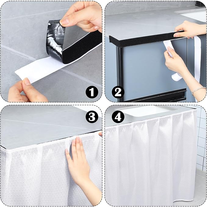 Fabric Sink Skirt Diamond Bathroom Stitch Self Stick Adhesive Waterproof Fabric Under Sink Curtain Skirt 55 x 32 Inch Adds Bathroom Storage(White,Fashion Style)