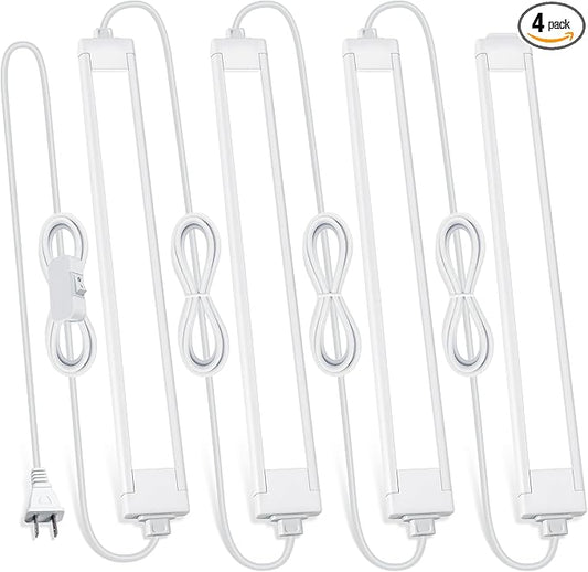 4 Pcs 14inch Plug in Under Cabinet Lighting for Kitchen, 6500k Bright White LED Under Counter Wired Lights for Shelf/Bookshelf/Workbench/Over Sink Linkable 110V LED Light Bar