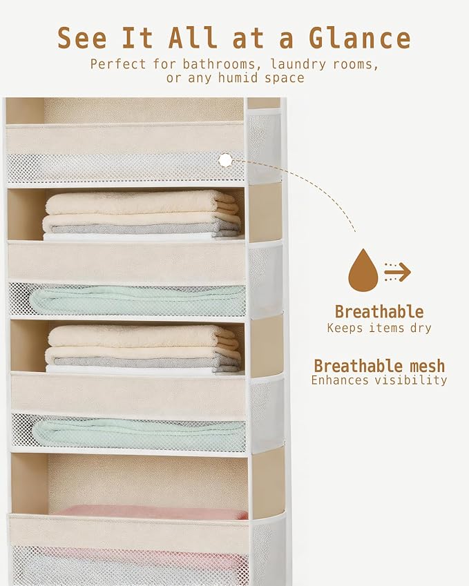 KMSCO Over The Door Organizer, 6 Large Pockets + 13 Mesh Side Pockets, Hanging Storage, 55lbs Capacity, Heavy Duty Non-Woven Fabric for Baby Nursery, Bathroom, Pantry, Closet, Beige, 2 Pack
