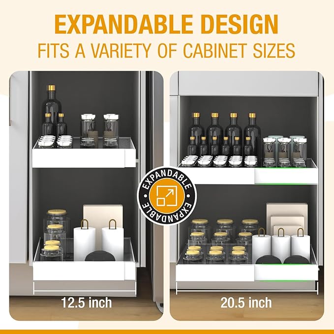 Expandable Pull Out Drawers for Cabinets(White) : Kitchen and Pantry Organizer, Sliding Cabinet Organizer with Adhesive, Under Sink and Pots Storage, Depth 16.5". expandable pull out cabinet organizer