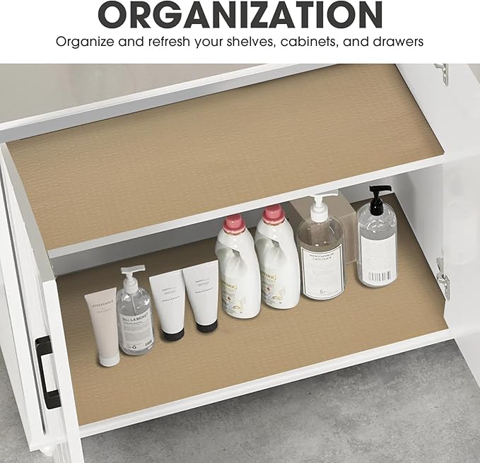 Drawer and Shelf Liner, Non-Slip Kitchen Cabinet Liners Non-Adhesive Thick Strong Grip Waterproof Washable Mats Protect Dresser Shelves Cupboard Bathroom Cabinets, Beige, 12 in X 20 FT