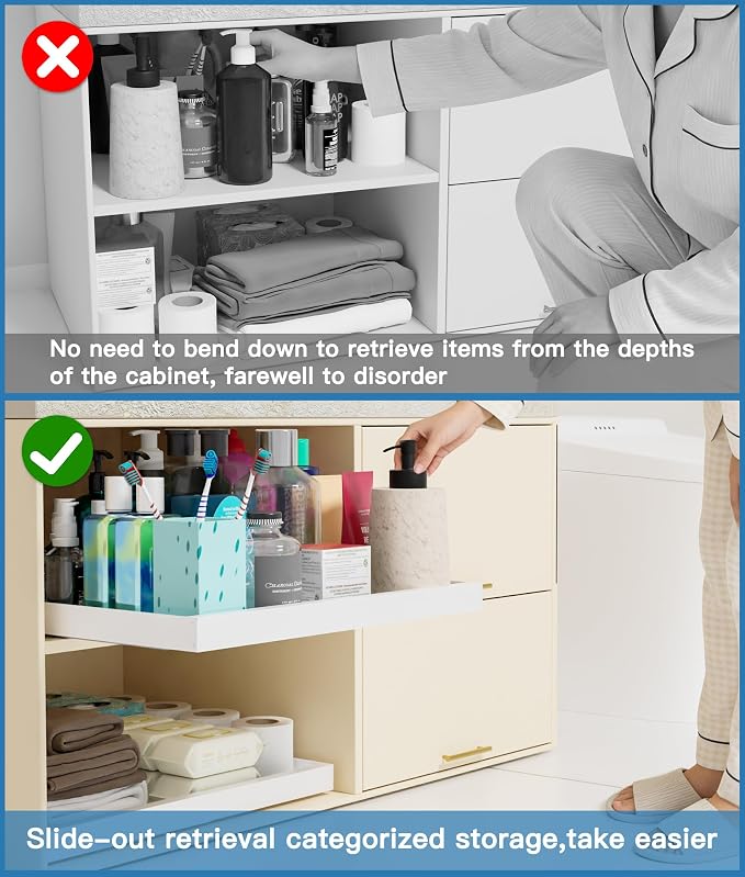 2 Pack Pull Out Cabinet Organizer, No-Drill Expandable Slide Out Drawers for 21" Deep Cabinets (12.3"-21.8" Width), 3-Slide Rail, Easy Assembly pull out drawers for Kitchen, Pantry, Bathroom - White