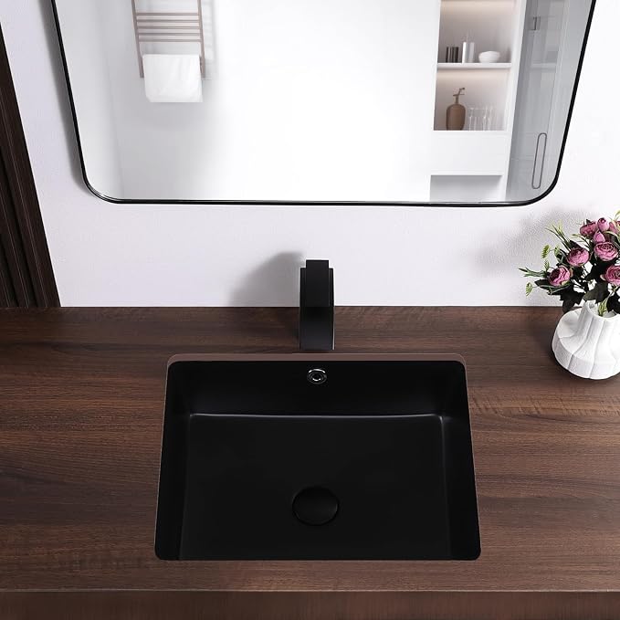 Undermount Bathroom Sink 19.5x15.6 Inch Rectangular Undermount Sink Ceramic Under Counter Vitreous China Sinks with Overflow,Matte Black