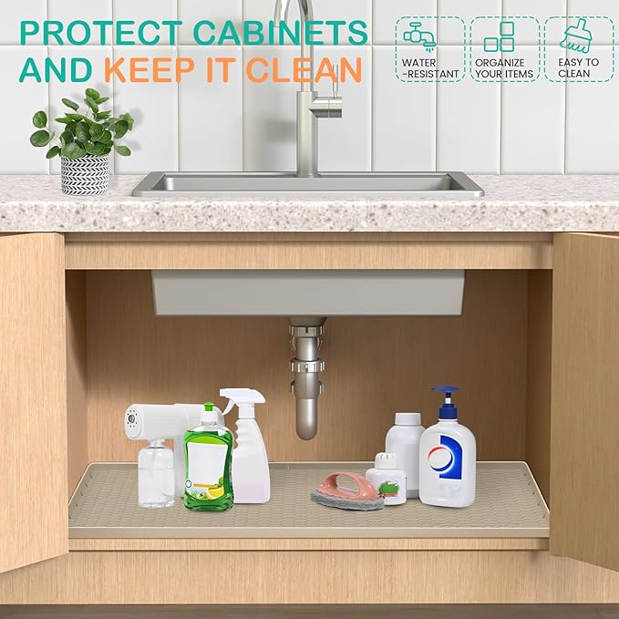 Waterproof Under Sink Mat 34" x 22", Silicone Cabinet Liner, Rubber Protector for Kitchen and Bathroom, Keeps Cabinets Clean, Dry, and Organized (Blue)