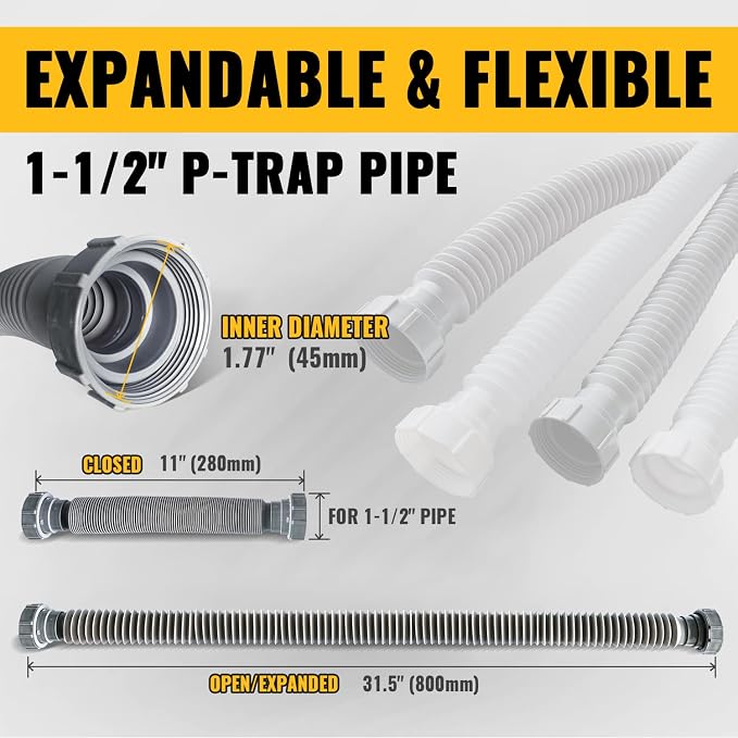 VIVIDA Sink Drain Pipe P Trap 1-1/2", Expandable Flexible Drain Pipe, 11"-31.5" Sink P Trap Kit for Kitchen, Bathroom, Restroom, 1-1/4" Adapter Included, Gray, 1 PACK