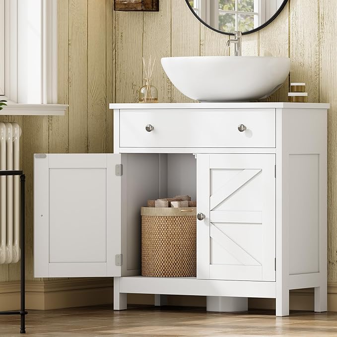 TEENFON Pedestal Sink Storage Cabinet with 2 Barn Doors and Drawer, Bathroom Sink Cabinet with U-Shape Cut-Out, Pedestal Sink Cabinet, White