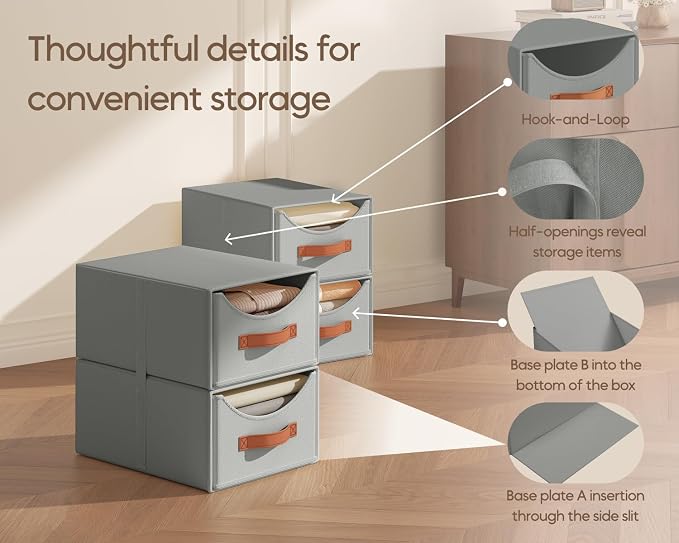 Homsorout Stackable Storage Drawers - Collapsible Storage Bins with Drawers, 4 Pack Closet Shelf Organizer Basket, Fabric Pull Out Organizer for Bedroom, Living Room, Dorm, Grey