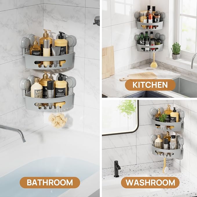 LEVERLOC Corner Shower Caddy Suction Cup, shower shelves suction cup, 2 Pack Basket Powerful Bathroom, Waterproof & Oil-proof Organizer for Kitchen, No-Drilling Removable (Grey)
