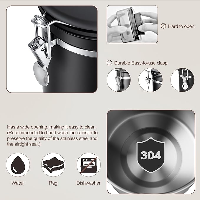 ShanSon Coffee Canister Airtight, Stainless Steel Bean Storage Container with Date Tracker & Scoop, Grounds Sugar Flour Tea Cereal Fits Kitchen Pantry, Ideal Gift for Coffee Lovers,12oz, Black