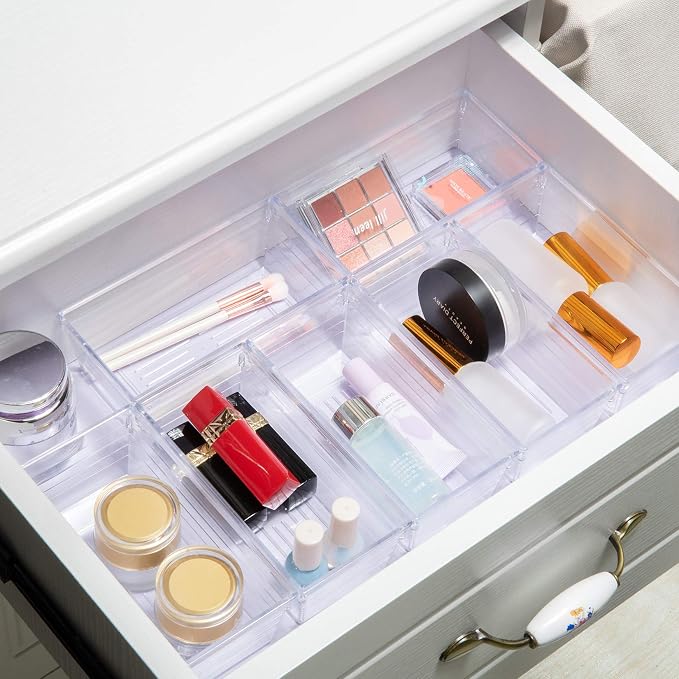 Clear Plastic Drawer Organizer Tray for Vanity Cabinet (6"×3"×2" Set of 8) Storage Tray for Makeup, Kitchen Jewelries and Gadgets