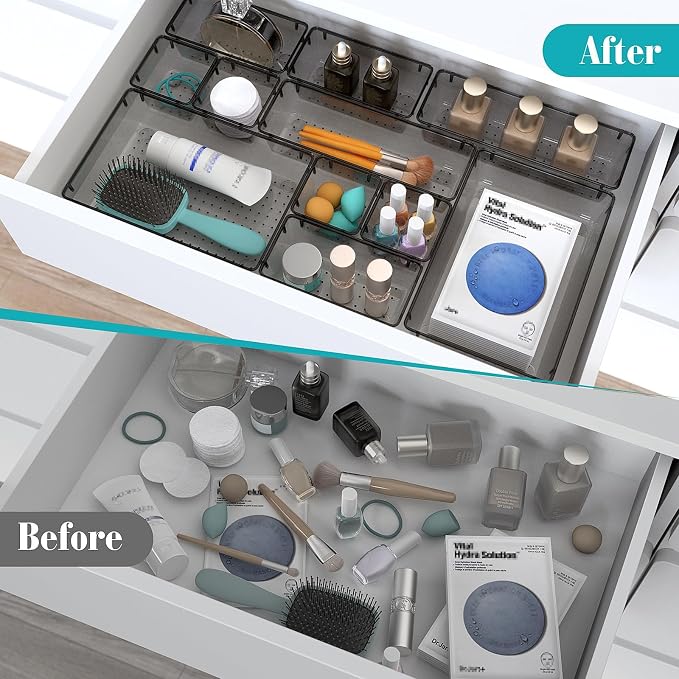 StorMiracle 7 PCS Clear Plastic Drawer Organizers Set, 4 Size Desk Drawer Organizer Trays for Makeup, Jewelry, Kitchen Utensils, Gadgets and Office Accessories, Black