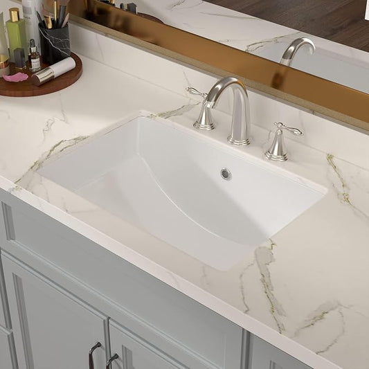 Lordear Undermount Bathroom Sink 21x15 Inch Bathroom Vanity Sink Undermount Rectangle White Porcelain Ceramic Bathroom Under Counter Lavatory Vanity Sink Basin with Overflow