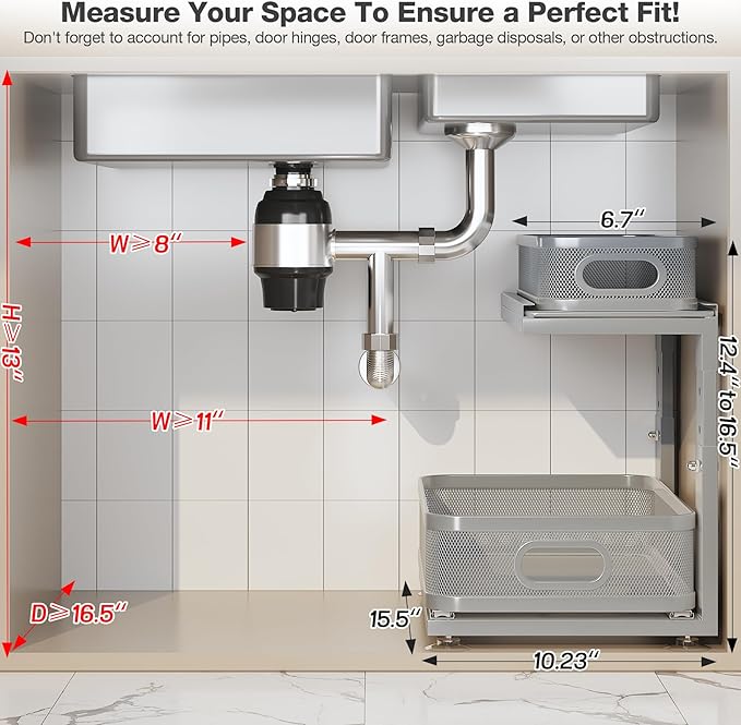 2 Pack 15.5IN-Depth Under Sink Organizer With Next-Gen Ball-Bearing Slides,2-Tier Precision Mesh Pull Out Cabinet Storage for Bathroom&Kitchen,Height Adjustable Drawers Shelf,Anti-rust-Grey