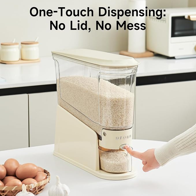 UFORU Rice Dispenser 22Lbs, Slim Rice Storage Container for Small Space, BPA-Free Clear Dry Food Dispenser Sealed Moisture Proof, Grain&Cereal Storage Bucket for Kitchen Pantry Household, Cream White