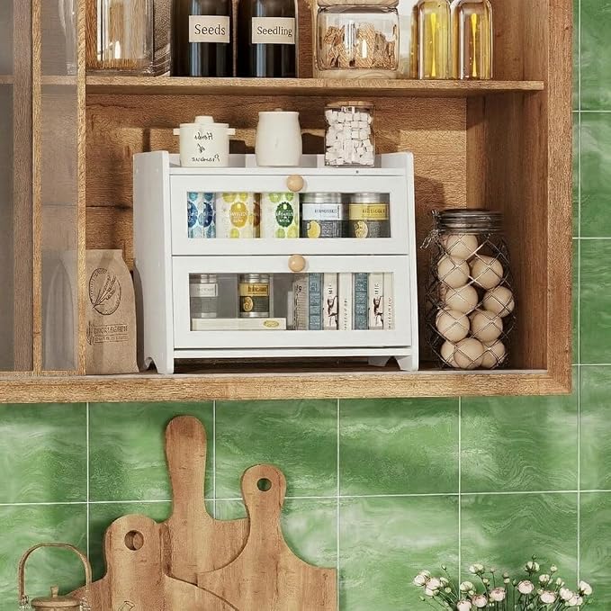 BAMBANG Bread Box for Kitchen Countertop, Extra Large Bamboo Bread Storage Container for Homemade Bread, Double Layer Sourdough Breadox, Bread Bin Organizer for Counter Cabinet Pantry, White