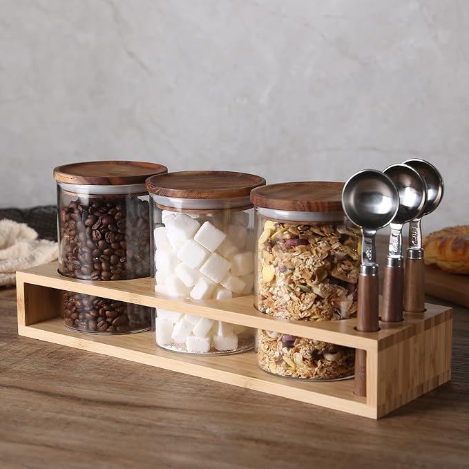 KKC Airtight Loose Leaf Tea Canister Set with 3 Wooden Handle 1 TBSP Spoons - 3 Pack 25 oz Glass Tea Storage Jars with Bamboo Lid and Rack, Elegant Countertop Tea Station Organizer for Matcha & Chai