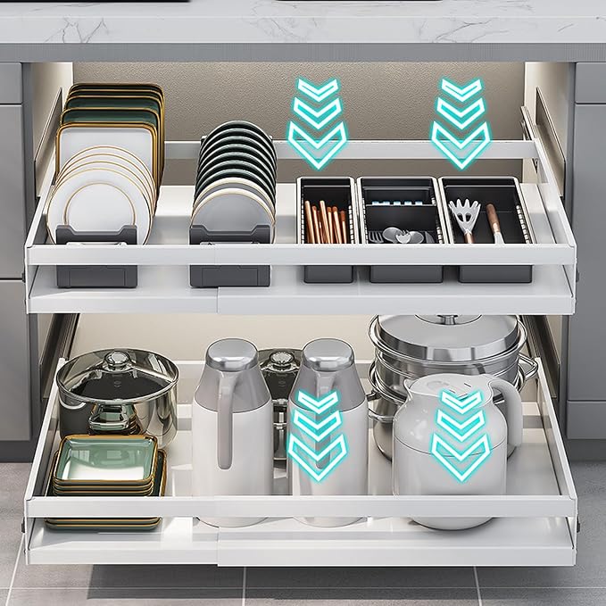 Upgraded version Pull Out Cabinet Organizer, Kitchen Sliding Shelf Under Sink Shelf, No Need Drill, kitchen cabinets, Expandable Drawer Shelves, Telescopic range 47~82cm (42cmX32-52cmX7cm)