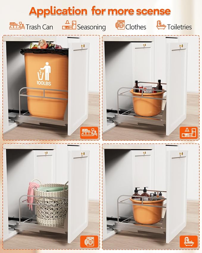 Pull Out Trash Can Under Cabinet Kit with Soft-Close Slides(Trash Bin Not Included), Under Sink Garbage Can Pull Out, for Kitchen, Sink, Drawer, Required Minimum Cabinet Size(12" W X 18" D)