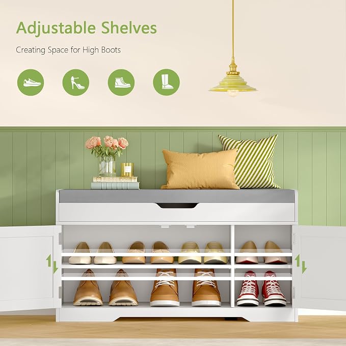 TEENFON 2-Tier Storage Bench, Shoe Bench with Adjustable Shelf & Lift Top Storage, Entryway Bench with Cushioned Seat,13.8"D x 36.2"W x 19.7"H, Shoe Organizer for Entryway, Living Room, Bedroom, White