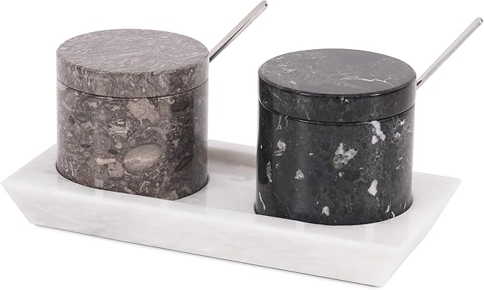 Radicaln Marble Salt Cellar with Lid and Tray 3" Inch Oceanic & Black Handmade Set of 2 Seasoning Jars, Ideal Table Salt Container & Sugar Bowl For Kitchen Countertop