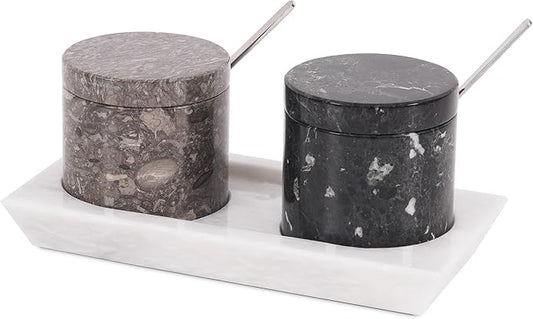 Radicaln Marble Salt Cellar with Lid and Tray 3" Inch Oceanic & Black Handmade Set of 2 Seasoning Jars, Ideal Table Salt Container & Sugar Bowl For Kitchen Countertop