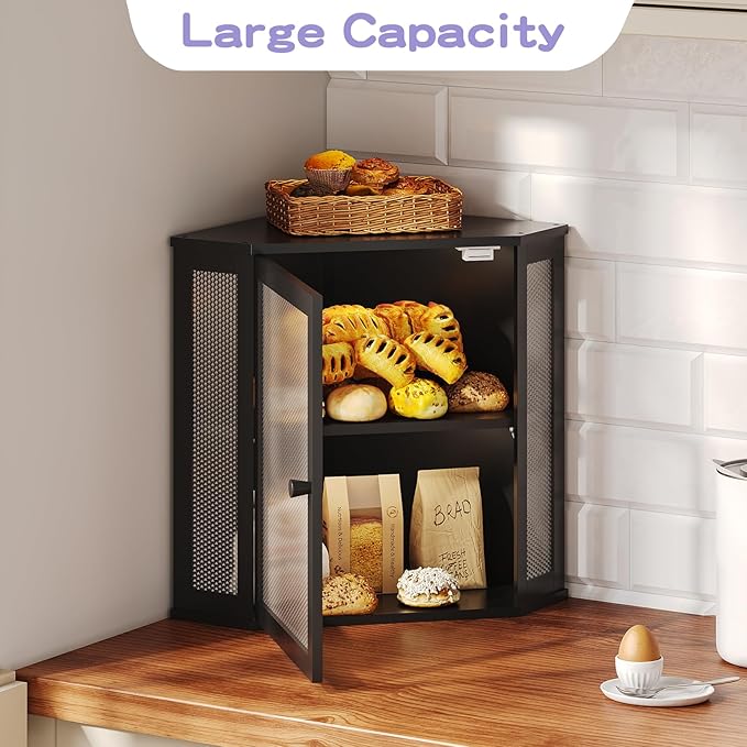 Bamboo Bread Box with Acrylic Window Display, Kitchen Countertop Storage,(Black, Medium)