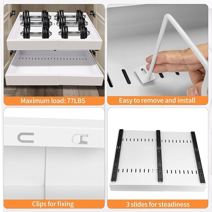 Expandable Metal Pull Out Cabinet Organizer 21"Deep with Raising Pad for Framed Cabinets/Pantry,Upgrade 3 Slide Rails Sliding Drawer for Cabinets with Adhesive Adjustable Width 12.05"-20.4"White 1P
