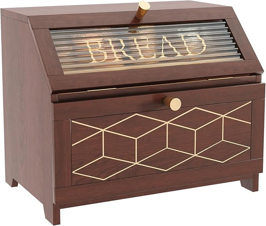 HOLTICO Double Layer Bread Box With Golden Trim for Countertop, Wooden Bread Container for Kitchen Counter, Corner Bread Storage, Brown