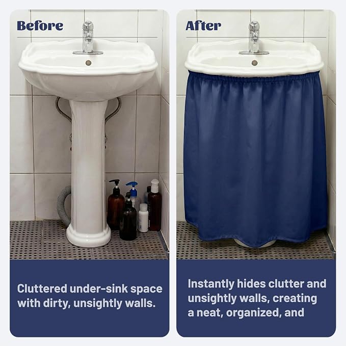 Sink Skirt Bathroom, Self Stick Adhesive Waterproof Fabric, Under Sink Curtain Skirt, Pedestal Sink Accessories Decor, Bathroom Storage Decor(Blue)