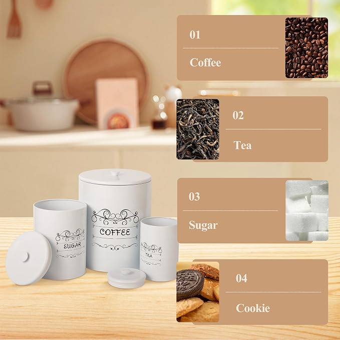 Kitchen Canisters Set of 3, Food Storage Containers for Countertop, Large Airtight Coffee Sugar Tea Containers with Lids, White Farmhouse Decor
