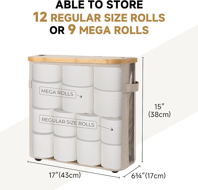StorageWorks Toilet Paper Storage Baskets with Dual Flip Lids, Toilet Paper Organizer for Bathroom, Toilet Paper Container with Side Pocket, Holds 9 Mega or 12 Regular Rolls, Medium, Light Khaki