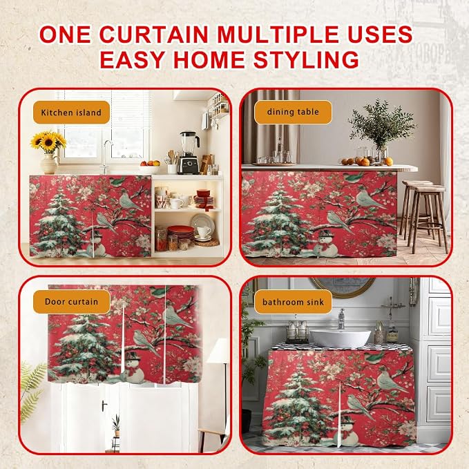 Self Adhesive Red Bird & Pine Tree Cabinet Curtain for Mother's Day, 39x28 Inch Vintage Floral Under Sink Skirt No Drill, Spring Cleaning Kitchen Decor, Hook and Loop Laundry Valance