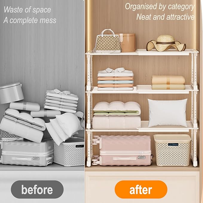 Expandable Cabinet Organizer Shelf, Adjustable Height Under Sink Storage Organizer, Shelf Riser for Kitchen, Bathroom, Wardrobe, Under Sink Counter(Beige) (1)