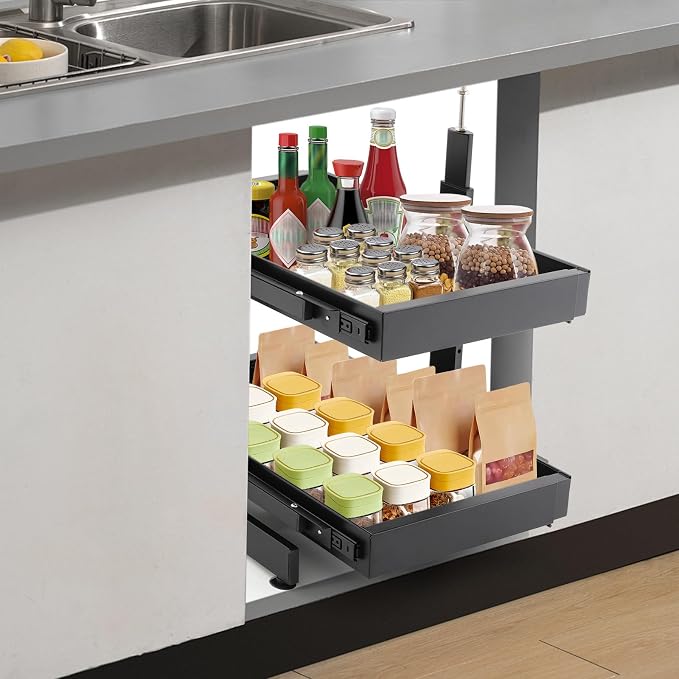 Cabinet Drawers Slide Out, 2 Tiers Expandable Pull out Cabinet Organizer No-Drilling, Slide out Drawers for Kitchen Cabinets Bathrooms, Laundry Rooms, Garages (Black)