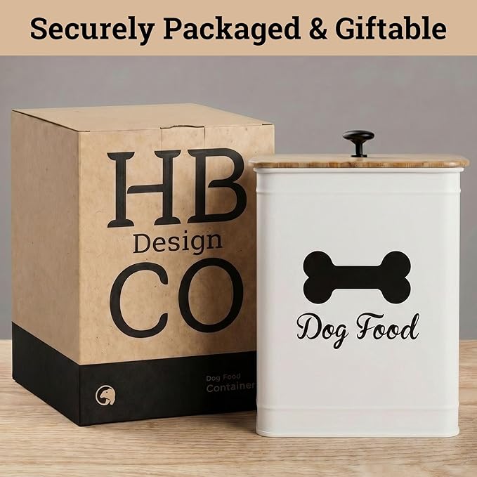 Dog Food Container Airtight 5-7 lb (25 Cup) Capacity - Cute Airtight Dog Food Storage Container with Bamboo Lid & Sturdy Metal Handle - White Metal Kibble Storage Bin for Dogs up to 50 lbs - Pet Jar