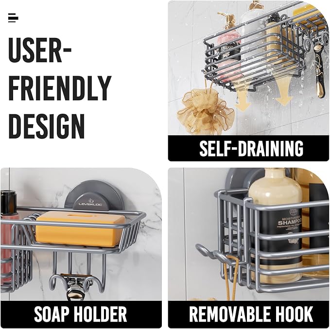 LEVERLOC Suction Cup Shower Caddy, Rustproof Shower Shelves for Inside with Hooks and Soap Holder, 2 Pack No Drill Meatl Bathroom Shower Organizer Grey