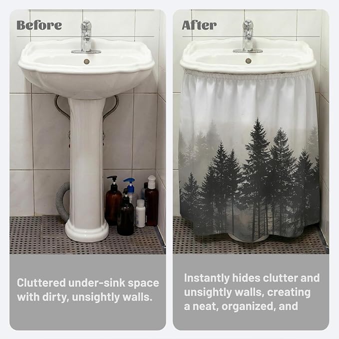 Misty Forest Sink Skirt for Bathroom, Self Stick Adhesive Waterproof Fabric, Nature Woodland Under Sink Curtain Skirt, Pedestal Sink Accessories Decor