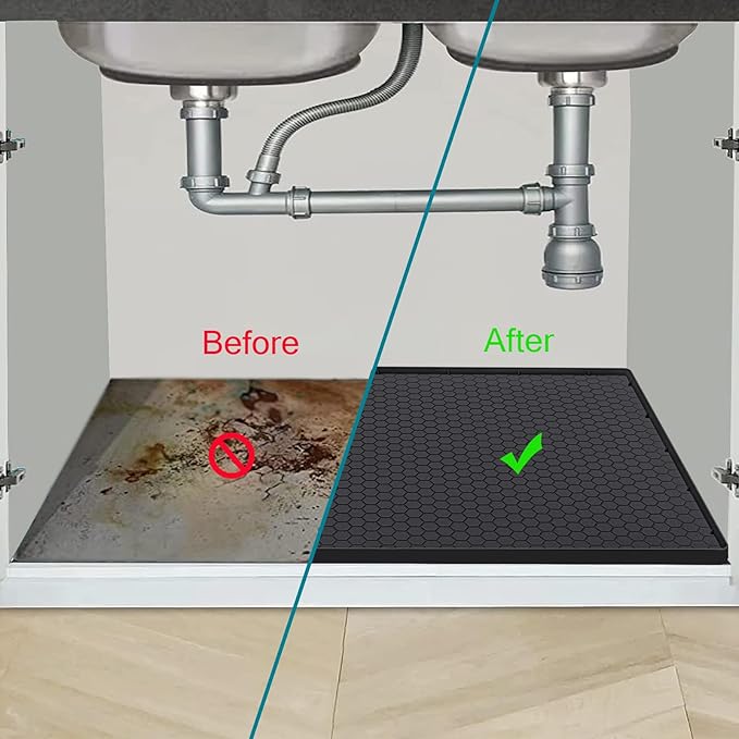 Under Sink Mat 28 x 19 for Kitchen Waterproof, Silicone Under Sink Liner, Bathroom Kitchen Cabinet Protector Mat, Easy to Clean Cabinet Mat Organizers and Storage, Black