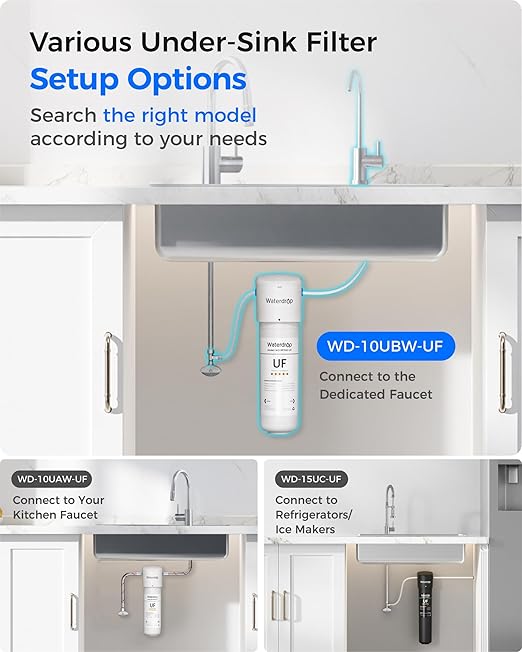 Waterdrop 10UBW-UF 0.01 μm Ultra Filtration Under Sink Water Filter System, Reduces Lead, Chlorine, Bad Taste & Odor, 1 Year, with Dedicated Brushed Nickel Faucet