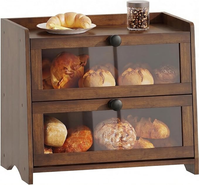 BAMBANG Bread Box for Kitchen Countertop, Extra Large Bamboo Bread Storage Container for Homemade Bread, Double Layer Sourdough Breadox, Bread Bin Organizer for Counter Cabinet Pantry, Amber