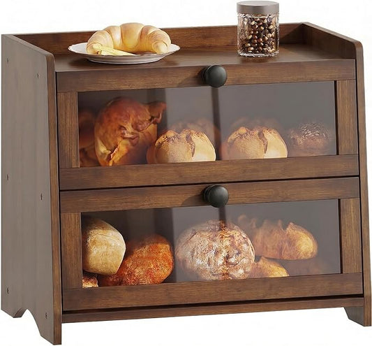 BAMBANG Bread Box for Kitchen Countertop, Extra Large Bamboo Bread Storage Container for Homemade Bread, Double Layer Sourdough Breadox, Bread Bin Organizer for Counter Cabinet Pantry, Amber
