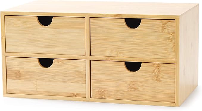 Wisuce Bamboo Desk Drawer Organizer, Desktop Organizer with Drawers Tabletop Storage Organization Box for Office Home Toiletries Supplies Vanity, No Assembly Required(4 Drawes)