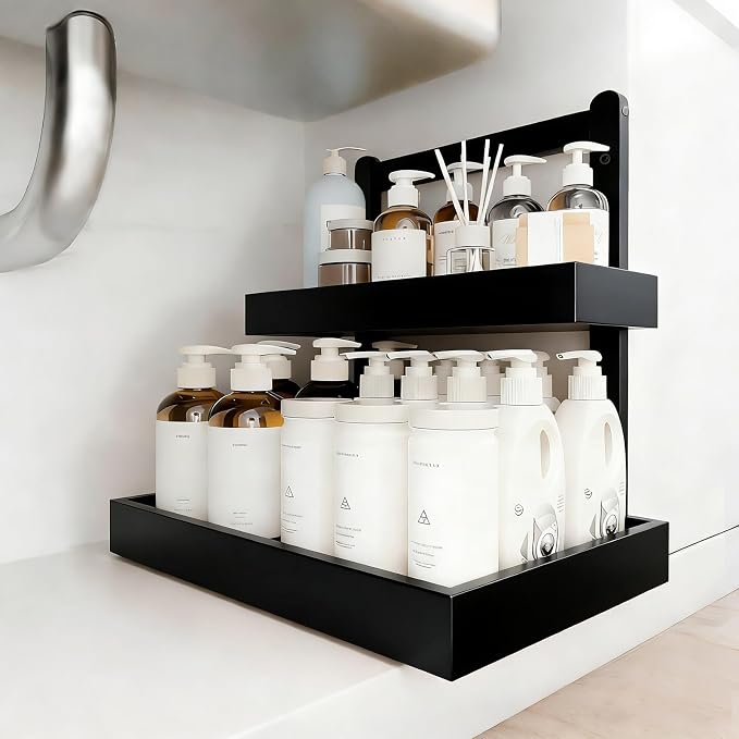2-Tier Under Sink Pull Out Organizer, Bamboo Cabinet Storage Shelf with Adjustable Height, Slide Out for Kitchen Bathroom Pantry (Black, 1 Pack)