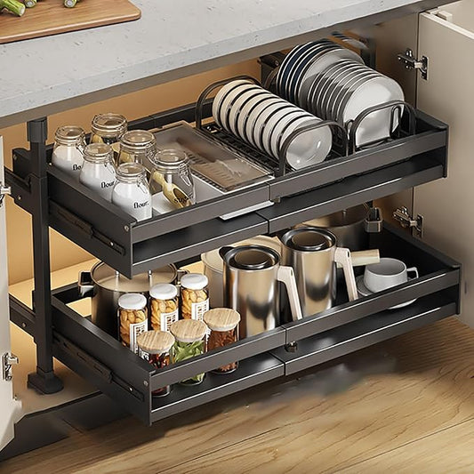 Pull Out Kitchen Cabinet s Sliding Drawers for Cupboard No Drill No Nail Slide Out Storage Solution Black Size S Maximize Kitchen Space Efficiently，Black Double Layer_41*42 * 52